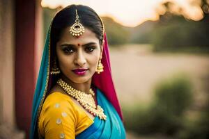 a beautiful indian woman in a colorful sari. AI-Generated photo