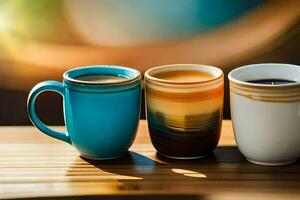 Tres café tazas con diferente colores en un mesa. generado por ai foto