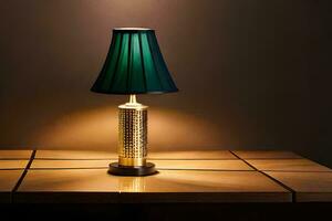 a green lamp on a wooden table. AI-Generated photo