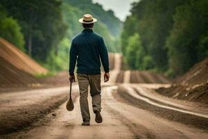 a man walking down a dirt road with a shovel. AI-Generated photo