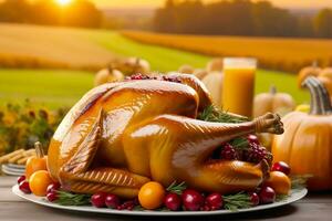 Thanksgiving day with turkey at rural farm, sunset, AI Generated photo