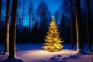 Winter Beauty, Christmas Tree in Night Forest, AI Generated photo