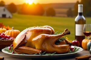 Thanksgiving day with turkey at rural farm, sunset, AI Generated photo