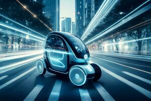 Urban Long Exposure Shot, Mini Electric Vehicle Tech Marvel, AI Generated photo