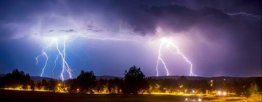 Power and Beauty, Lightning in the Landscape Panorama, AI Generated photo