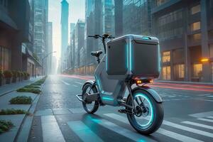 Street Smart EV Delivery Bike in a Modern Cityscape, AI Generated photo