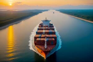 Maritime Majesty, Container Ship Sailing at Sunset, AI Generated photo