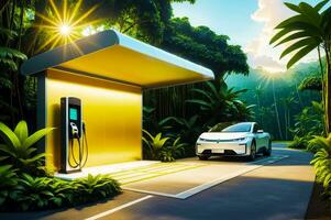Sustainable Sunset,  EV Charging in Bali Style Haven, AI Generated photo
