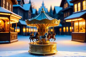 Evoke Christmas Nostalgia with a Vintage Carousel Music Box, AI Generated photo