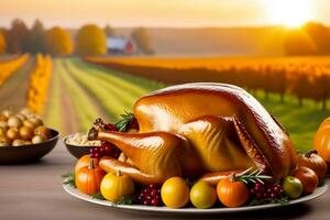 Thanksgiving day with turkey at rural farm, sunset, AI Generated photo