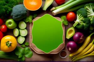 Healthy food background with fresh vegetables and wooden board with copy space, world vegan day, AI Generated photo