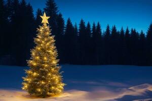 Nighttime Charm, Christmas Tree in Winter Forest, AI Generated photo