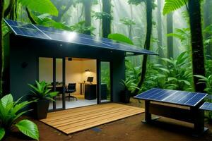 Deep in Nature, Eco Friendly Rainforest Workspace with solar power, AI Generated photo