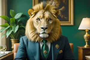 Executive Lion in Verdant Office Scene, AI Generated photo