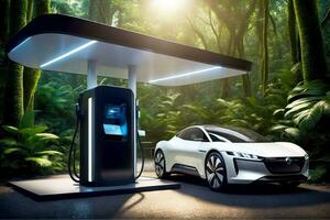 EV Car Charging in the Woods, AI Generated photo