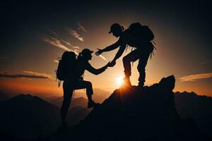 Supportive Hiker Silhouettes, Scaling the Mountain Together, AI Generated photo