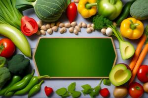 Healthy food background with fresh vegetables and empty chalkboard on wooden table, world vegan day, AI Generated photo