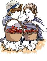 Brothers eat strawberries in a basket during a picnic vector