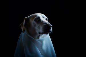 encantador disfrazado Víspera de Todos los Santos perro vistiendo fantasma traje, ai generativo foto
