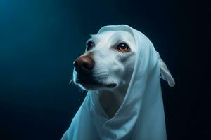Lovely disguised Halloween dog wearing ghost costume, AI generative photo