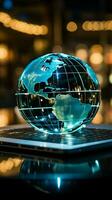 A laptop under a glass globe signifies a tech driven global business approach Vertical Mobile Wallpaper AI Generated photo