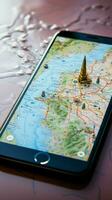 A mobile phone placed on top of tourist maps, ready for adventure Vertical Mobile Wallpaper AI Generated photo