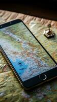 A mobile phone placed on top of tourist maps, ready for adventure Vertical Mobile Wallpaper AI Generated photo