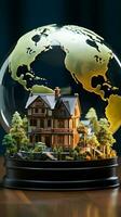 un miniatura casa coronado con un globo, significando global propiedad aspiraciones vertical móvil fondo de pantalla ai generado foto