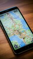 A mobile phone placed on top of tourist maps, ready for adventure Vertical Mobile Wallpaper AI Generated photo