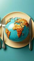 A plate holds a globe with a fork, set against a blue background Vertical Mobile Wallpaper AI Generated photo