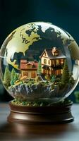 un modelo casa con un globo encima simbolizando global propiedad de la vivienda vertical móvil fondo de pantalla ai generado foto