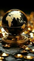 A precious black and gold globe framed by a heap of gold coins Vertical Mobile Wallpaper AI Generated photo