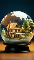 un modelo casa con un globo encima simbolizando global propiedad de la vivienda vertical móvil fondo de pantalla ai generado foto