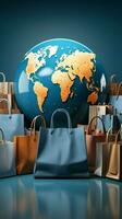A world map encircled by shopping bags against a blue and white backdrop Vertical Mobile Wallpaper AI Generated photo