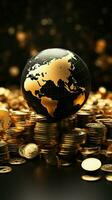 A black and gold globe surrounded by a stack of gold coins Vertical Mobile Wallpaper AI Generated photo