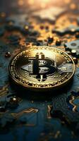 A world map graces the Bitcoin background, symbolizing its global influence Vertical Mobile Wallpaper AI Generated photo