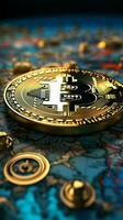 A world map graces the Bitcoin background, symbolizing its global influence Vertical Mobile Wallpaper AI Generated photo