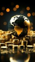 Black and gold world globe encircled by gleaming stacked gold coins Vertical Mobile Wallpaper AI Generated photo