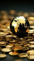 negro y oro mundo globo rodeado por reluciente apilado oro monedas vertical móvil fondo de pantalla ai generado foto