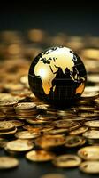 Black and gold world globe encircled by gleaming stacked gold coins Vertical Mobile Wallpaper AI Generated photo