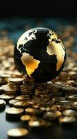 Black and gold world globe encircled by gleaming stacked gold coins Vertical Mobile Wallpaper AI Generated photo