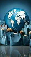 Blue and white background with a world map encircled by shopping bags Vertical Mobile Wallpaper AI Generated photo