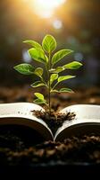 Book pages nurture a thriving green plant, a symbol of knowledge growth Vertical Mobile Wallpaper AI Generated photo