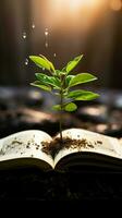 Book pages nurture a thriving green plant, a symbol of knowledge growth Vertical Mobile Wallpaper AI Generated photo