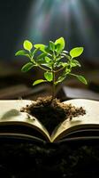 libro paginas nutrir un próspero verde planta, un símbolo de conocimiento crecimiento vertical móvil fondo de pantalla ai generado foto