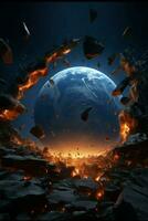 A 3D portrayal Earths crash, fractured ground, and spaceships seeking new worlds Vertical Mobile Wallpaper AI Generated photo