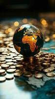 Close up world mini ball, coins, and wooden table symbolize global finance Vertical Mobile Wallpaper AI Generated photo