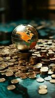 Close up world mini ball, coins, and wooden table symbolize global finance Vertical Mobile Wallpaper AI Generated photo