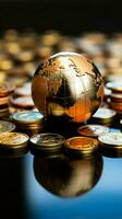 Close up world mini ball, coins, and wooden table symbolize global finance Vertical Mobile Wallpaper AI Generated photo