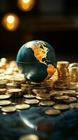 de cerca ver de un vaso mundo pelota, oro monedas, y un banco libreta de depósitos simbolizando global Finanzas vertical móvil fondo de pantalla ai generado foto